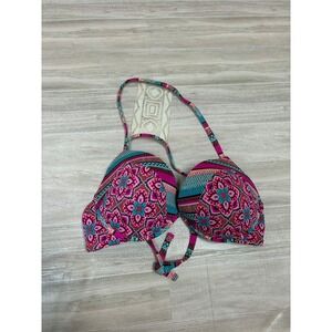 Shade & Shore Pink Teal Geometric Medallion Crochet Back Bikini Top 38C